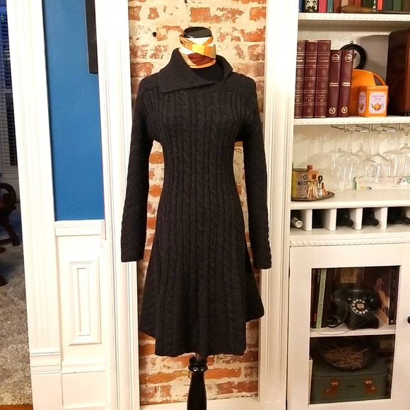 The Irish Store charcoal gray cable knit merino wool fit and flare dress 10 12 L - Picture 1 of 7